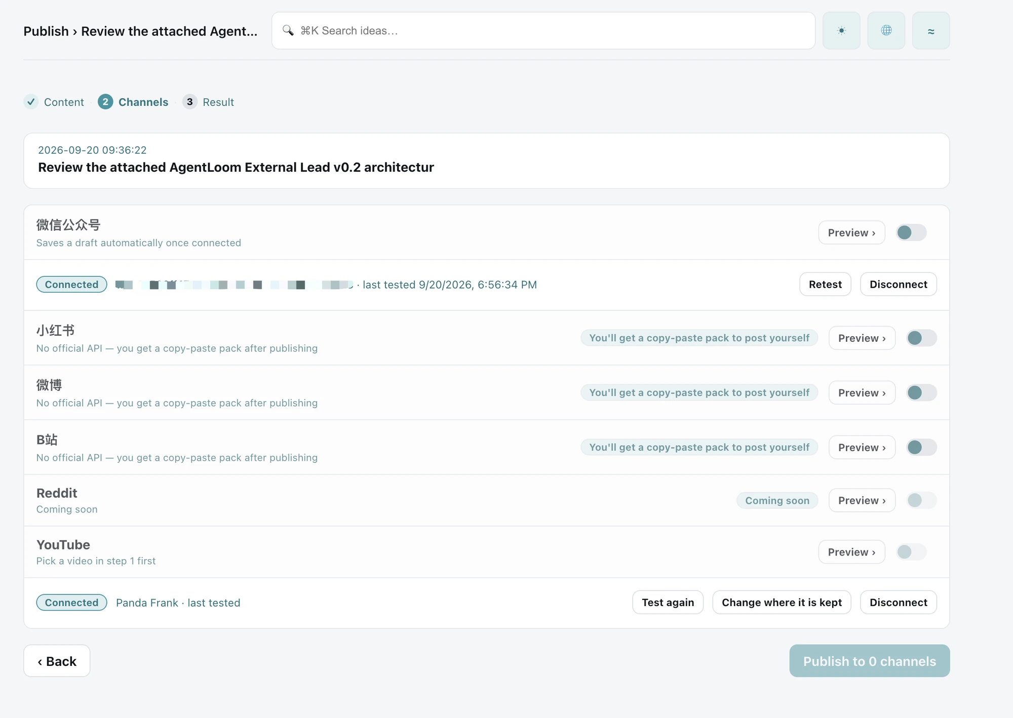 Loomnote Web channel selection and preview before submission; Reddit is marked Coming soon