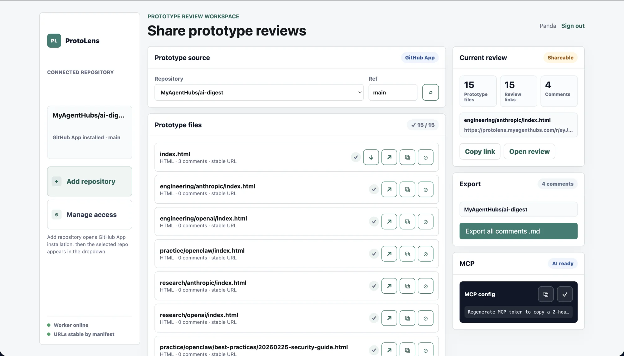 ProtoLens dashboard — a connected repository, discovered prototype files, and a shareable review link