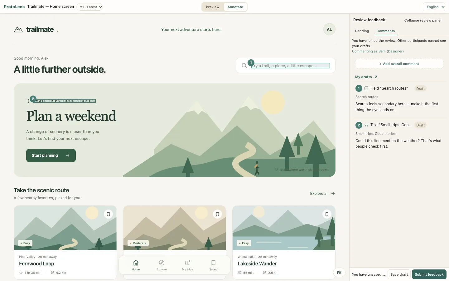 Two anchored comment markers on the Trailmate prototype, matched to comment cards in the review panel