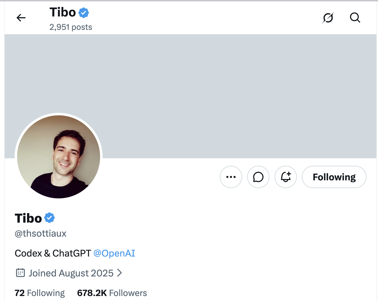 Screenshot of Tibo’s X profile: @thsottiaux, with the bio Codex & ChatGPT @OpenAI.